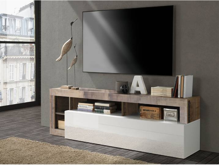 Meuble tv Fribourg laqué blanc/vintage - Basika