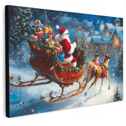 LEINWANDBILD Weihnachtsmann - Rentier - Weihnachten - Schnee Gemälde 60x40 cm