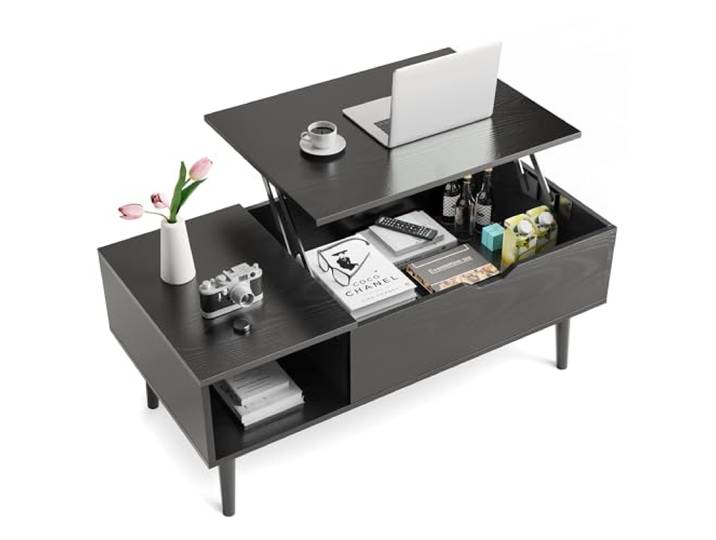Sweetcrispy Couchtisch, Couchtische mit Hebeplatte, für Wohnzimmer, Wohnung, erhöhender Tisch, Holz-Couchtische mit Ablagefläche und verstecktem Fach, klassisches Schwarz