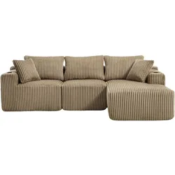 OKWISH Modulares Sofa 2-Sitzer + Chaiselongue, Cordstoff, 5 Kissen, Cupholder, Seitentaschen, pflegeleicht, sofort einsatzbereit, Khaki, 160x250 cm