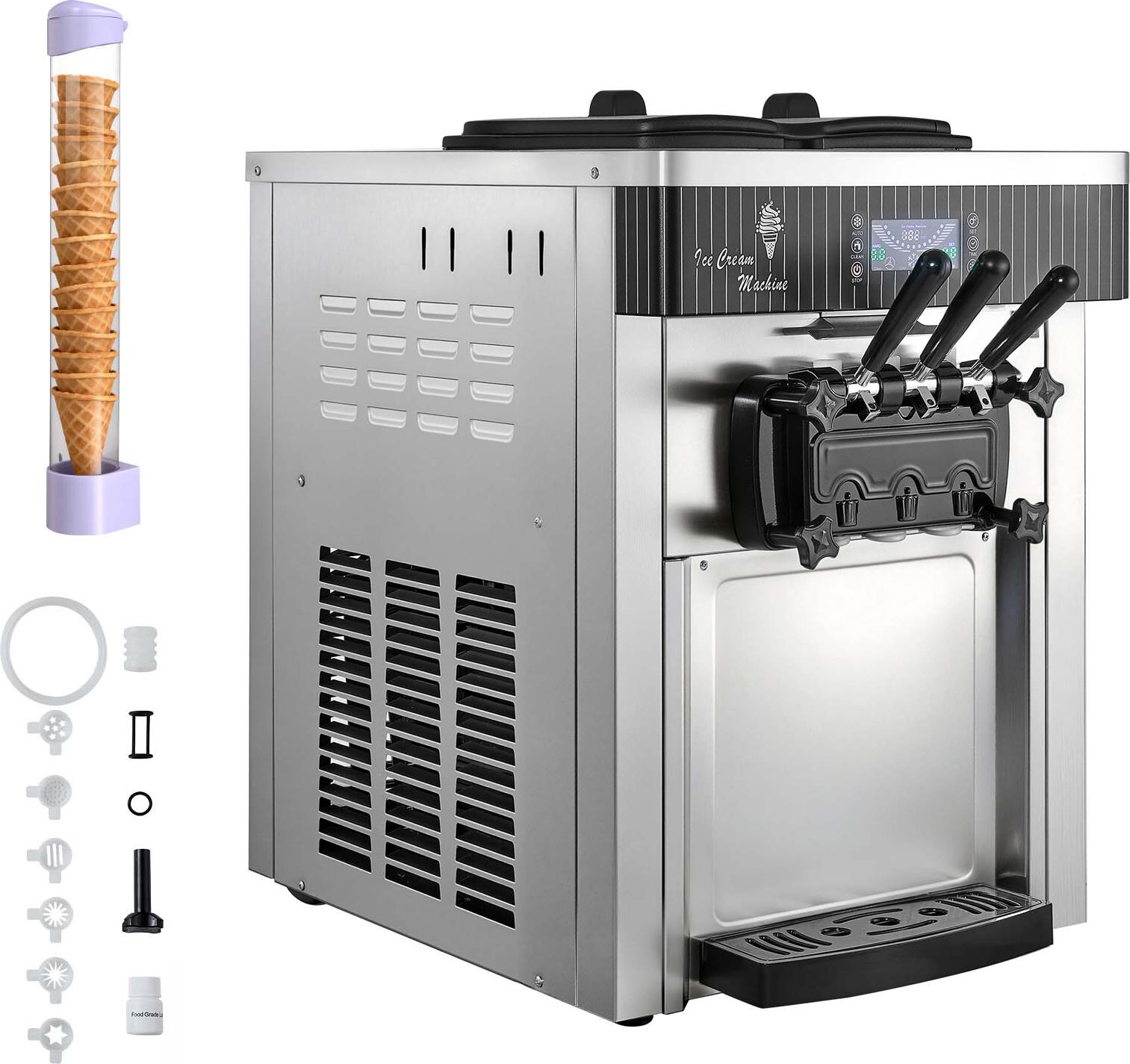SucceBuy Gewerbliche Eismaschine mit einer Kapazität von 20-28 L/h, ausgestattet mit 2200 W Leistung und zwei 6-Liter-Behältern. Funktionen wie Vorkühlung, Selbstreinigung und LED-Display machen sie ideal für Snackbars, Dessertläden und Cafés. Kompaktes Tischgerät in Silber.
