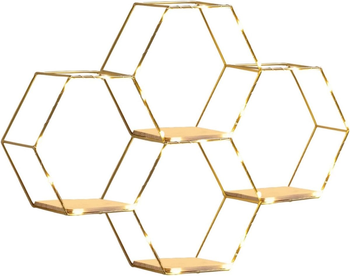 Set van 4 Zeshoekige Wandplanken met Geïntegreerde Verlichting in Gebakken Goud