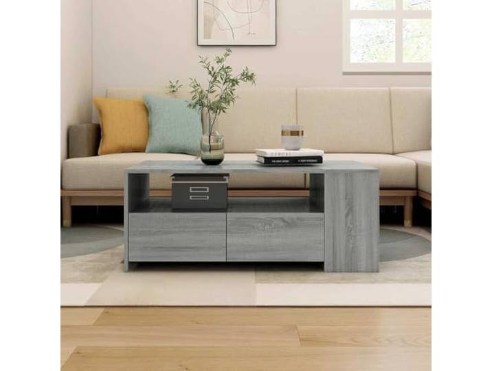 HEFZGDB Grauer Couchtisch Sonoma 102x55x42 cm aus Holzwerkstoff mit Ablage und Schubladen für Stauraum, Multifunktionaler Wohnzimmertisch, Stabile Tischplatte, Pflegeleichtes