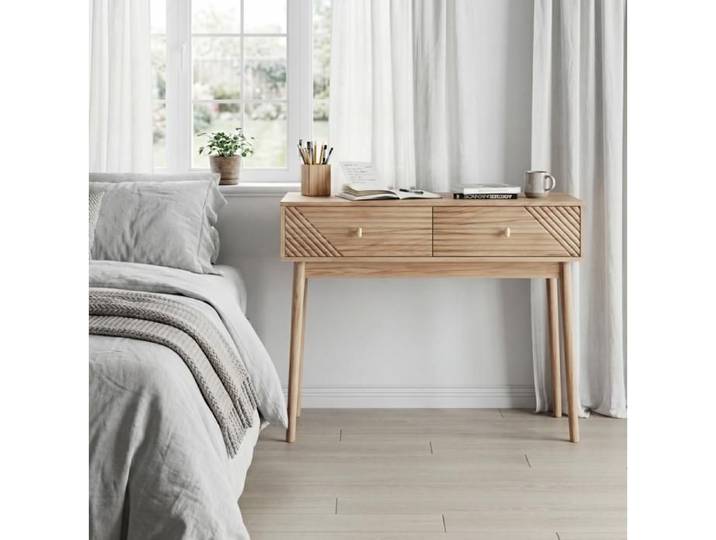 Table Console avec 2 Tiroirs et Pieds en Pin Massif Laquée Style Vintage pour Entrée en MDF 100×35×80 cm Chêne