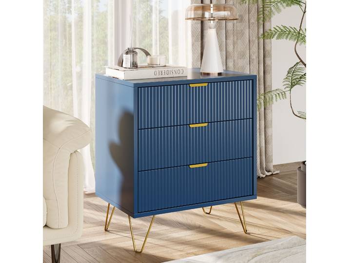 Commode à 3 tiroirs, table de chevet bleue avec pieds dorés, table de chevet avec espace de rangement, armoire de chevet, 60*40*70cm