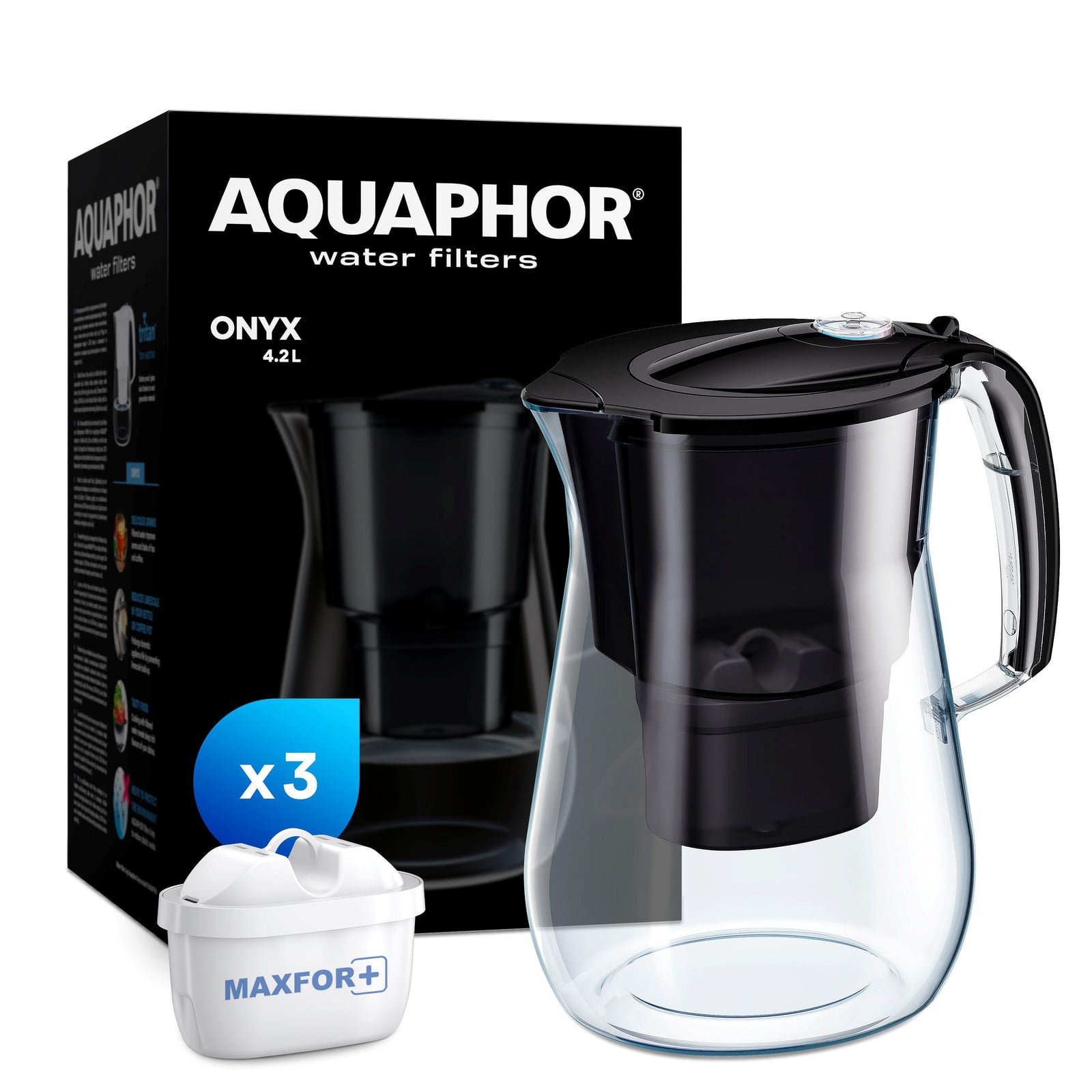 Aquaphor Onyx waterfilterkan 4,2 liter inclusief 3 x Maxfor+ filterpatronen voor het verminderen van kalk, chloor en andere verontreinigingen
