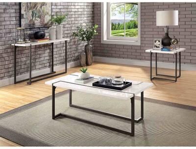 Esofastore 3pc Contemporary White Finish Living Room Table Set Two Tone Design Metal Legs