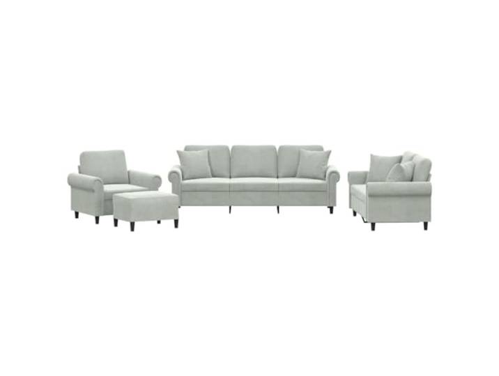 GHVBNMF 4-tlg. Sofagarnitur mit Kissen & Hocker Hellgrau Samt Couch Set Elegante Couchgarnitur aus weichem Samt inklusive Hocker und Kissen fuer modernen Komfort im Wohnzimmer.