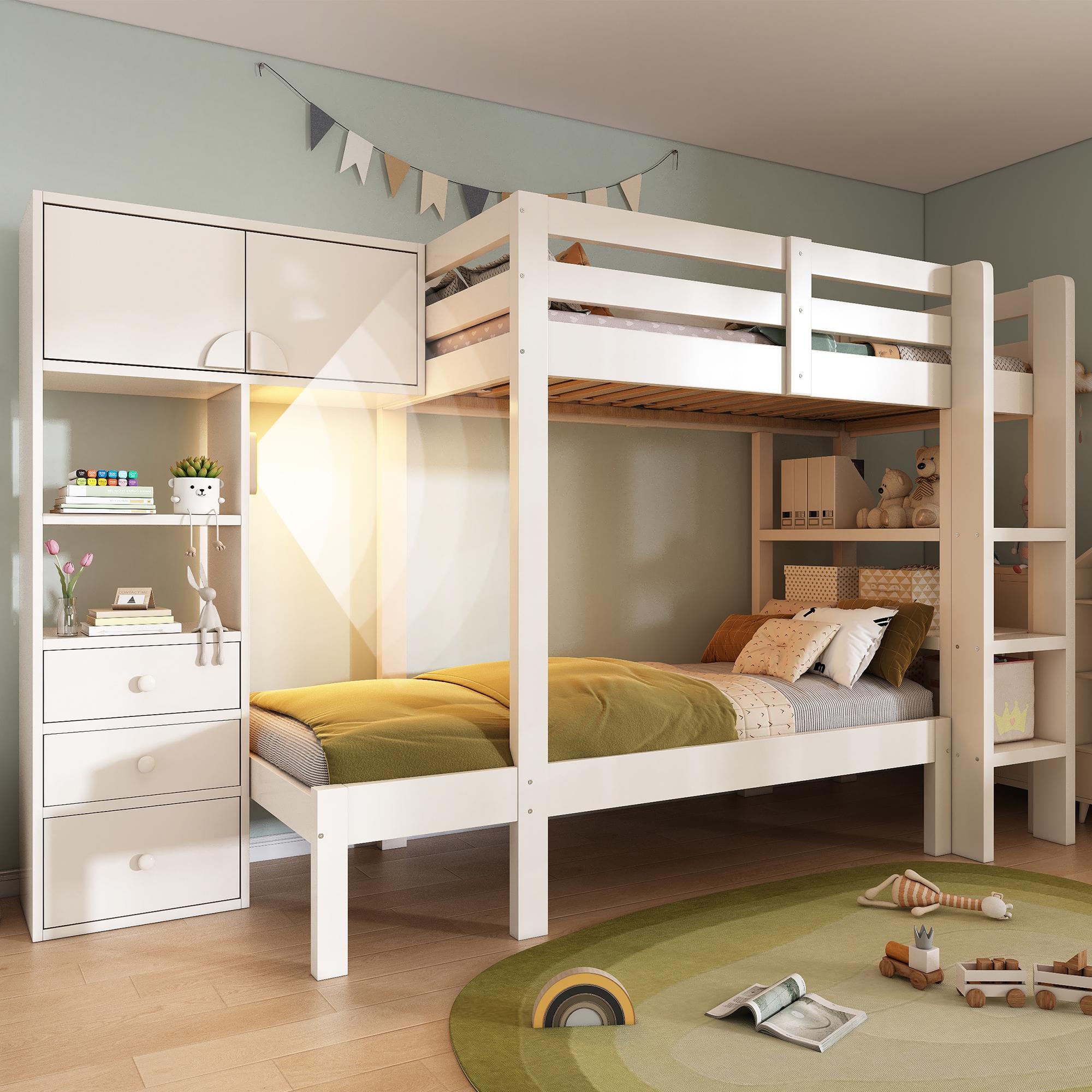 Merax Etagenbett 90x200cm mit LED, Kinderbett mit Schrank und Regal, Holzbett mit Schubladen, EN747-1:2024, versetztem Design für großer Stauraum,Weiß