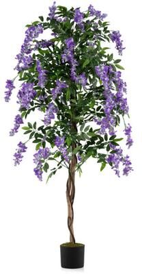 Costway Fake Ficus Plant 6 FT Artificial Wisteria Tree with Natural Trunks and Purple Lifelike Flowers