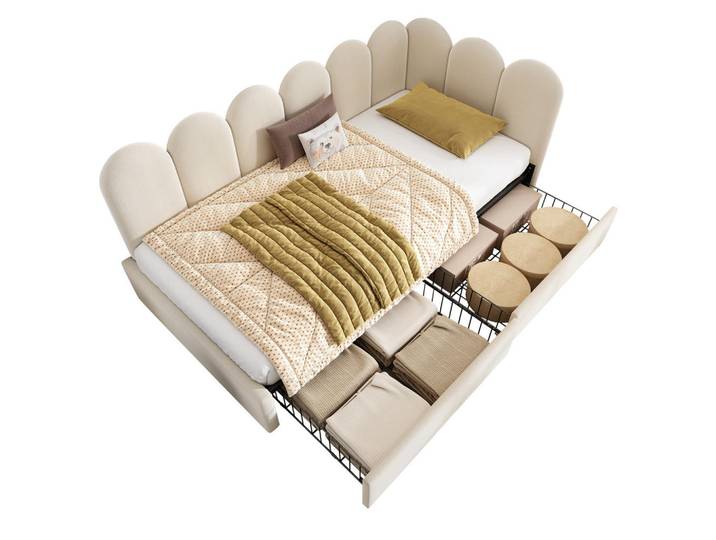 Redom Polsterbett 90/190 cm mit 2 Schubladen, Samtbezug und austauschbaren Seitenteilen, Beige, 90x190 cm, Schlafzimmer, Betten, Polsterbetten