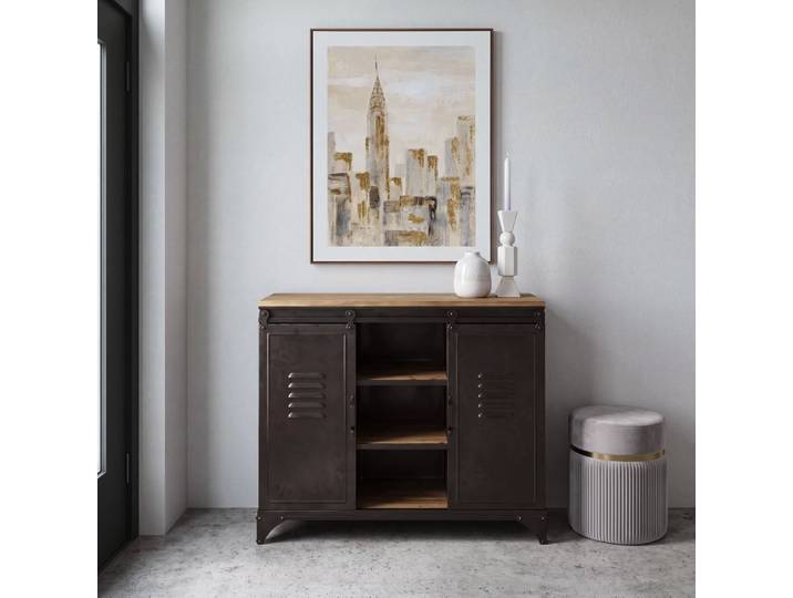 Sideboard im Industriestil mit 2 Türen aus Eisen und Tannenholz, 100 cm