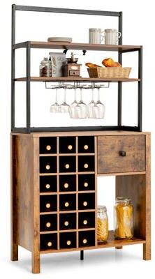 Costway Kitchen Bakers Rack Freestanding Wine Rack Table with Glass Holder and Drawer-Rustic Brown