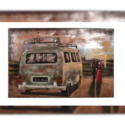 DELUKE 3D-Metallbild Bulli mit Pärchen Stahl Bunt 4x80x120cm Wandbild Wohnzimmerbild Dekobild Flur Büro