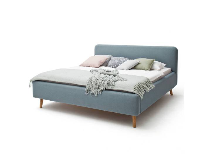 Polsterbett 180 x 200cm Webstoff Asha Blau/Eisblau ohne Lattenrost Eiche