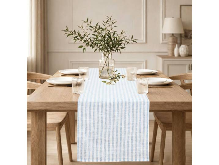 Tischläufer GOODPRODUCT Marric Gr. 3, blau, B:40cm L:180cm, Polyester, Tischdecken, Tischläufer, halbtransparenter Tischläufer, Leinenoptik mit Streifen
