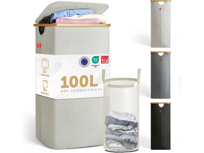 Blumtal Wasmand 100L - Wasmand met uitneembare waszak - Smalle wasmand - Flesverzamelaar - Wasmand met deksel - Beige