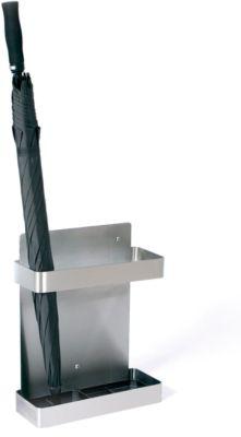 Schirmständer Elly, für die hängende Wandmontage, mit 2 Tropfschalen, B 370 x T 140 x H 450 mm, Edelstahl/Kunststoff
