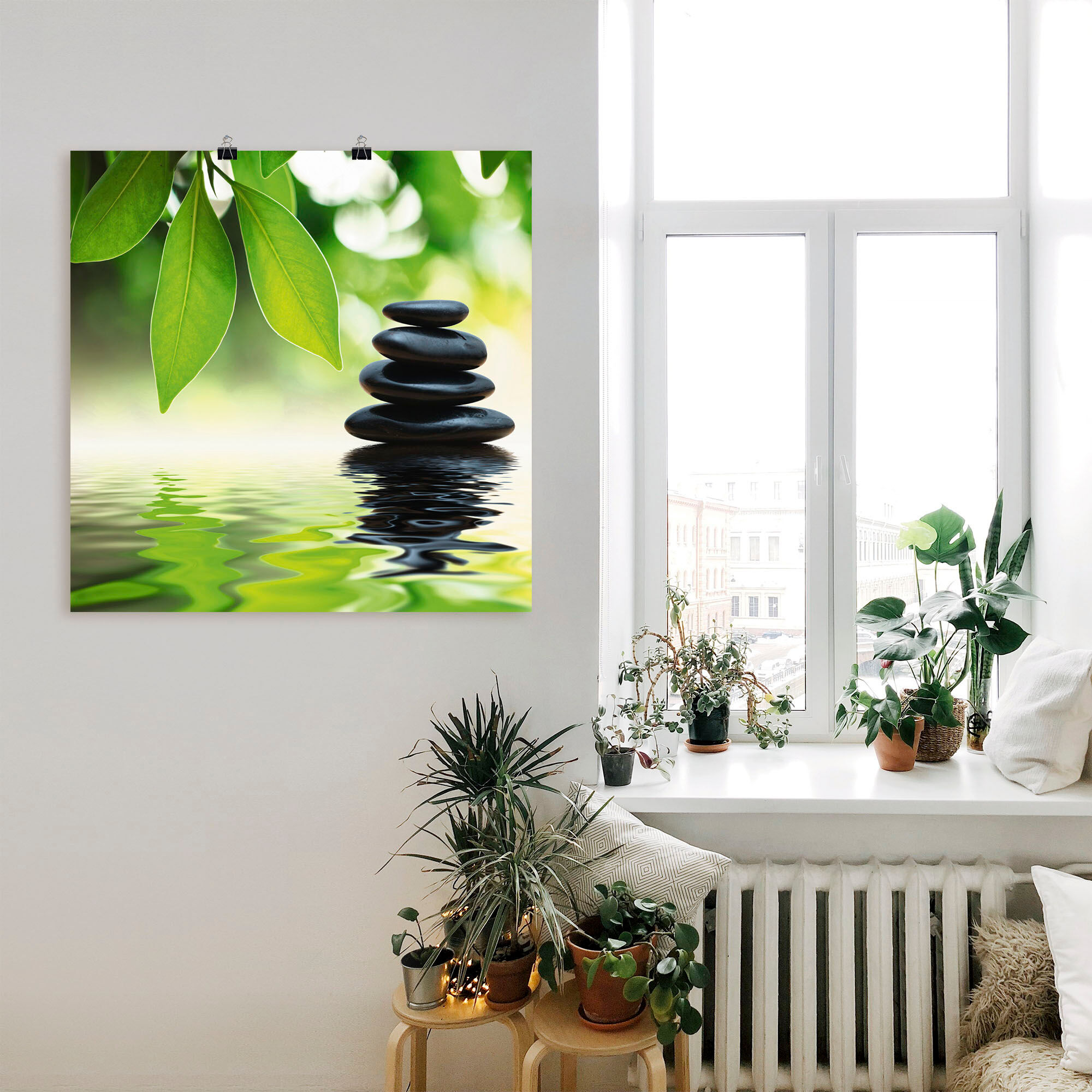 Poster ARTLAND "Zen Steinpyramide auf Wasseroberfläche", grün (farbe bild(er): grün), B:30cm H:30cm, Bilder, Poster, ohne Rahmen farbe bild(er): grün B/H/T: 30cm x 30cm, Poster Zen quadratisch, 1 Stk.