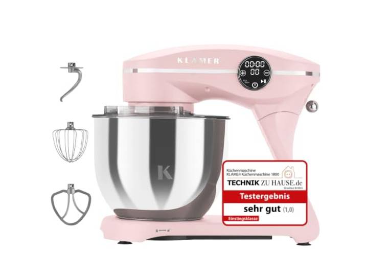KLAMER Küchenmaschine 1800W, Knetmaschine Brotteig mit 6L Edelstahlschüssel 10 Geschwindigkeiten und Timer, Planetenrührwerk, Knethaken, Flachrührer und Schneebesen, transparenter Sichtdeckel