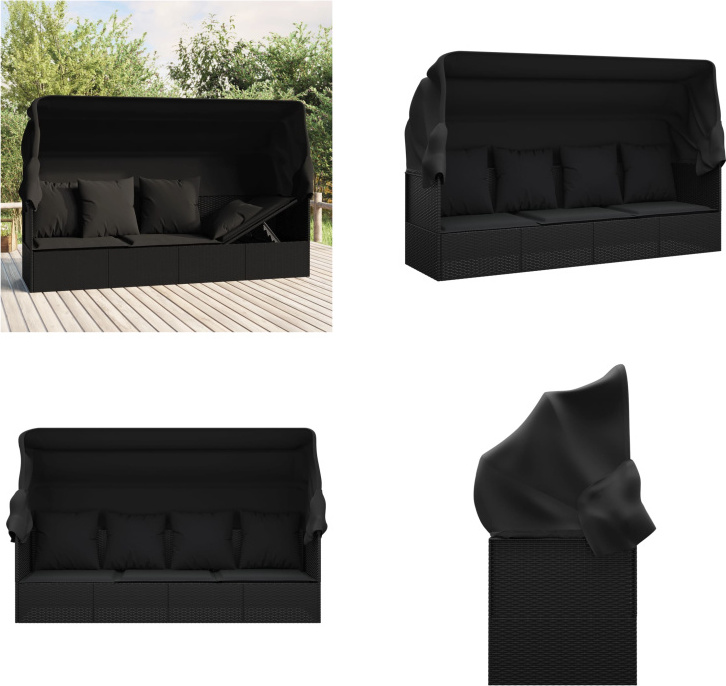 vidaXL Outdoor Loungebett mit Dach und Kissen Schwarz Poly Rattan - Outdoor Loungebett - Outdoor Loungebetten - Gartenmöbel - Terrassenmöbel