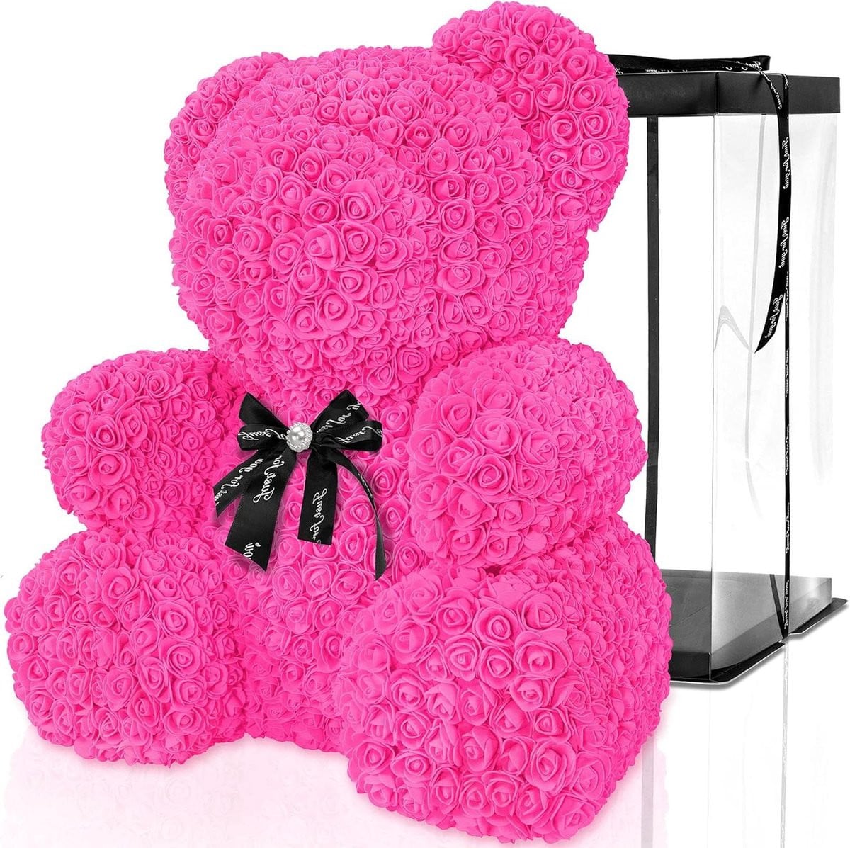 Roze bloemenbeer met doos - Eeuwig houdbare rozen cadeau - Tot 70 cm