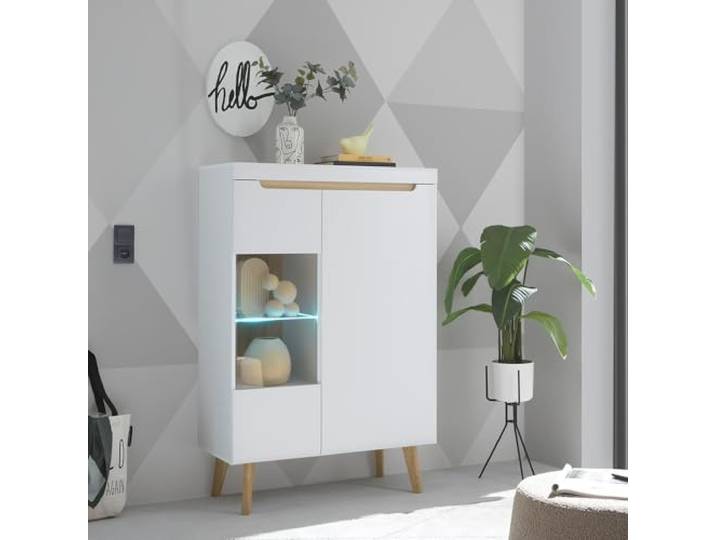 Lomadox Wohnzimmer Vitrine in Weiß Matt mit Eiche