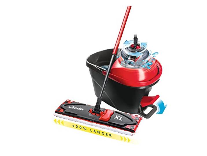 Vileda Ultramax XL Turbo 2in1 Bodenwischer Set mit Eimer & Mikrofaser Wischerplatte 42cm Stiellänge 75-130cm Turbo Eimer mit PowerSchleuder für alle Hartböden rot