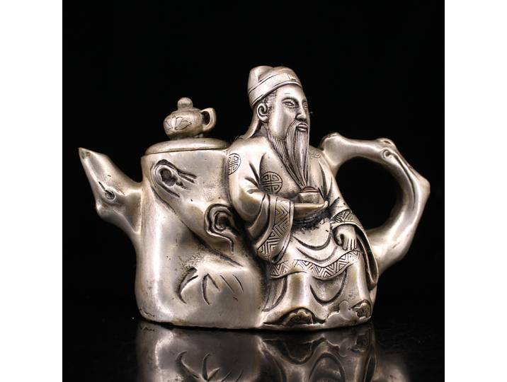 6 Collection de temple tibétain, Pot, Flagon, Bouilloire, Théière en bronze ancien et argent doré, Statue Li Bai, Ornements pour la prospérité et la protection de la maison