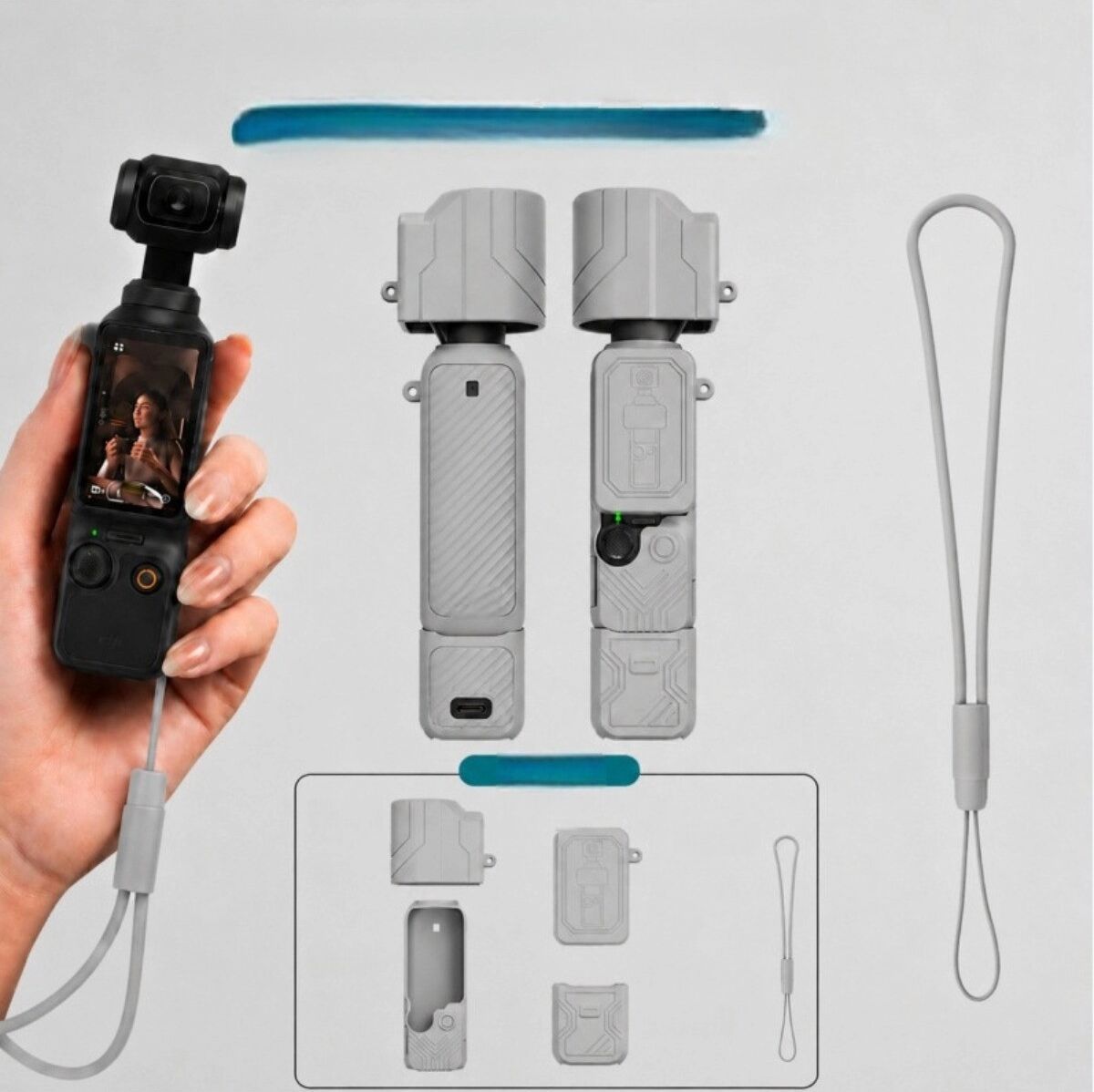 INF Ensemble 5 pièces sangle silicone noire compatible avec DJI Pocket 4 - Coque protectrice antichoc, anti-rayures et Gris
