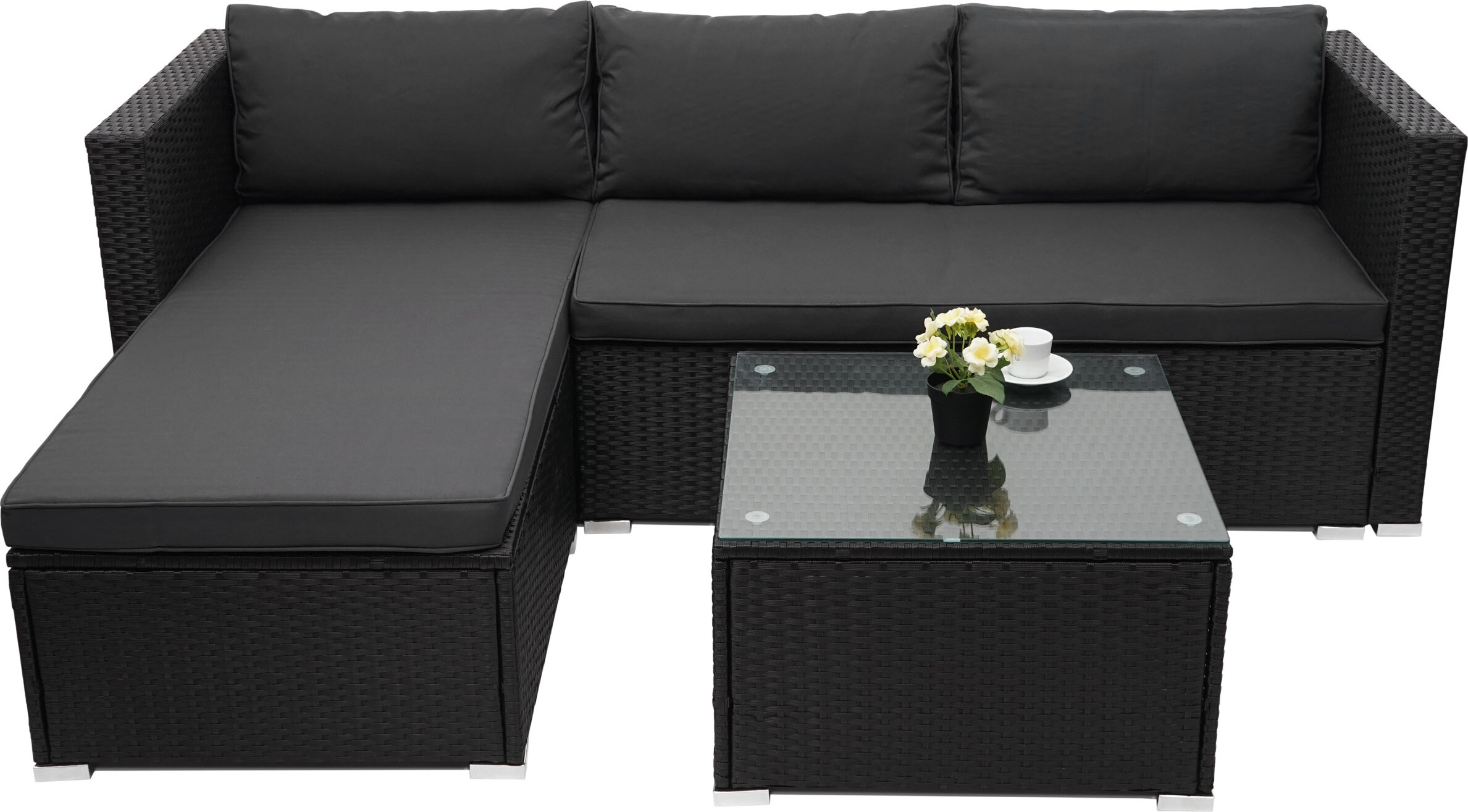 Poly-Rattan Garnitur MCW-F57, Balkon-/Garten-/Lounge-Set Sofa Sitzgruppe schwarz, Kissen dunkelgrau ohne Deko-Kissen