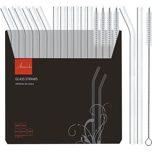 Annvchi Strohhalme wiederverwendbar, aus Glas, Länge 21,5 cm, 6x gerade, 6x gebogen, 4 Bürsten, 12 Stück