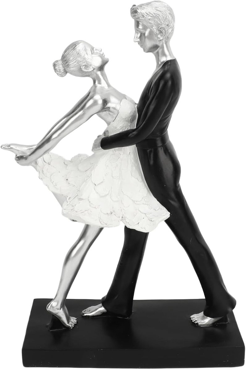 Dansend Paar Sculptuur - Abstract Beeld - Handgemaakt Resin - Zilver - Hoogte: 27.5 cm