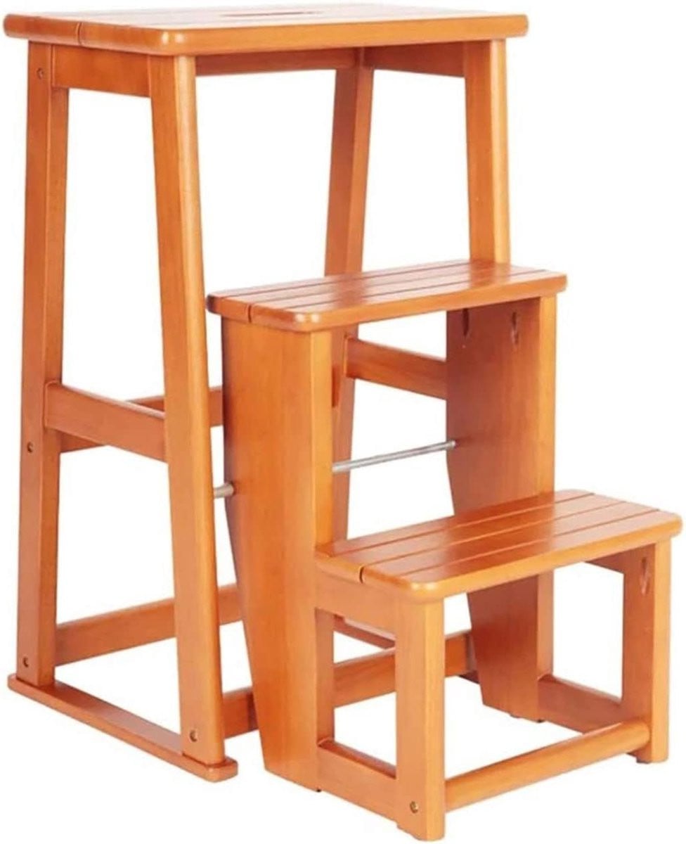 Multifunctionele houten ladderkruk met 3 treden in natuurlijk hout