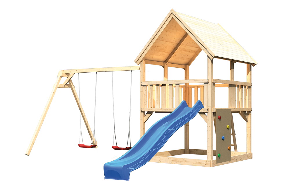 KARIBUHOLZT Akubi Spielturm Luis natur Rut. blau+DS+Kletterwand 16938201
