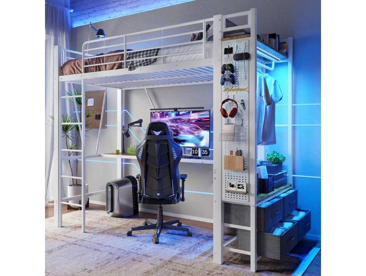 Lit Mezzanine 90x200 - Bureau Intégré - LED RGB - USB-C - Rangement Optimisé