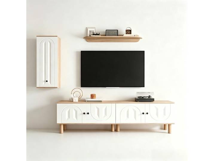 Meuble TV mural - Meuble TV - Blanc & bois naturel - 3 pièces (TV vitrine étagère) - Portes sculptées