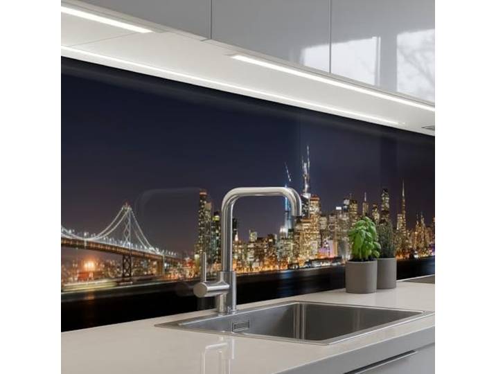 KitchenYeah© Spritzschutz Küche Küchen Rückwand Küchendeko Wand Wandschutz 60x400 cm - Selbstklebend Backsplash Kitchen Peel And Stick Beleuchtung - Himmel - Wolkenkratzer - Skyline