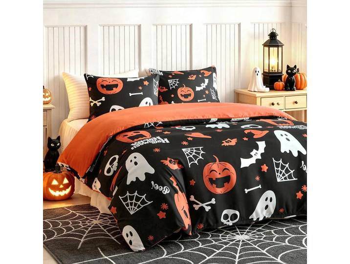 Bettwäsche-Set Halloween Kürbis Geister 135x200 cm 3-teiliges Set, Mehrfarbig, 135x200 cm, Heimtextilien, Bettwäsche & Leintücher, Bettwäsche