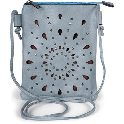 Mini Bag STYLEBREAKER "Mini Umhängetasche Blumen Cutouts und Nieten", Damen, Gr. B/H/T: 14cm x 19cm x 1,2cm Einheitsgröße, blau (jeansblau), 100% Polyurethan PU. Futter: 100% Polyester PES., gemustert, Taschen