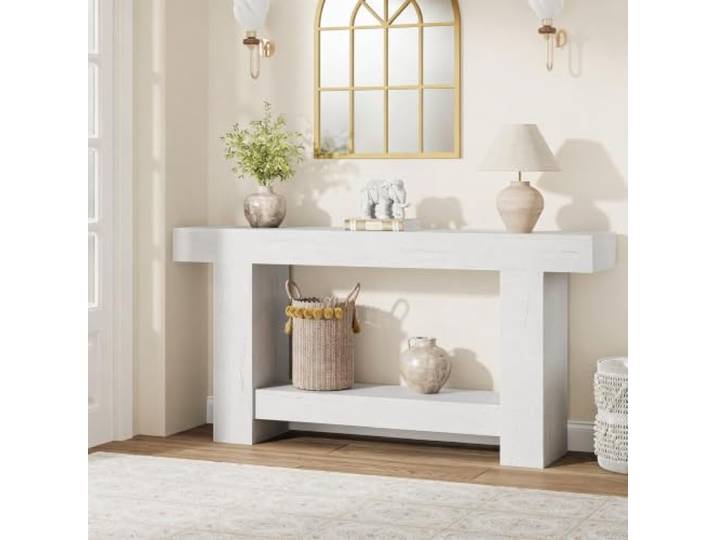 Zstar Konsolentisch 160 cm Landhausstil mit 2 Ablagen Schmaler Beistelltisch mit offenen Ablagen für Flur und Wohnzimmer