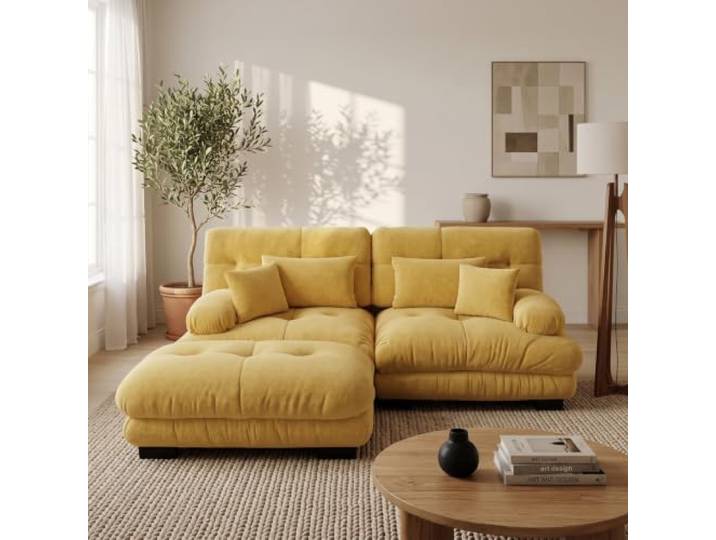 SoarTalent Modulsofa 2-Sitzer 220 cm mit 1 Hocker, Modular in L-Form, Chenille-Stoff, Holzgestell, Gelb