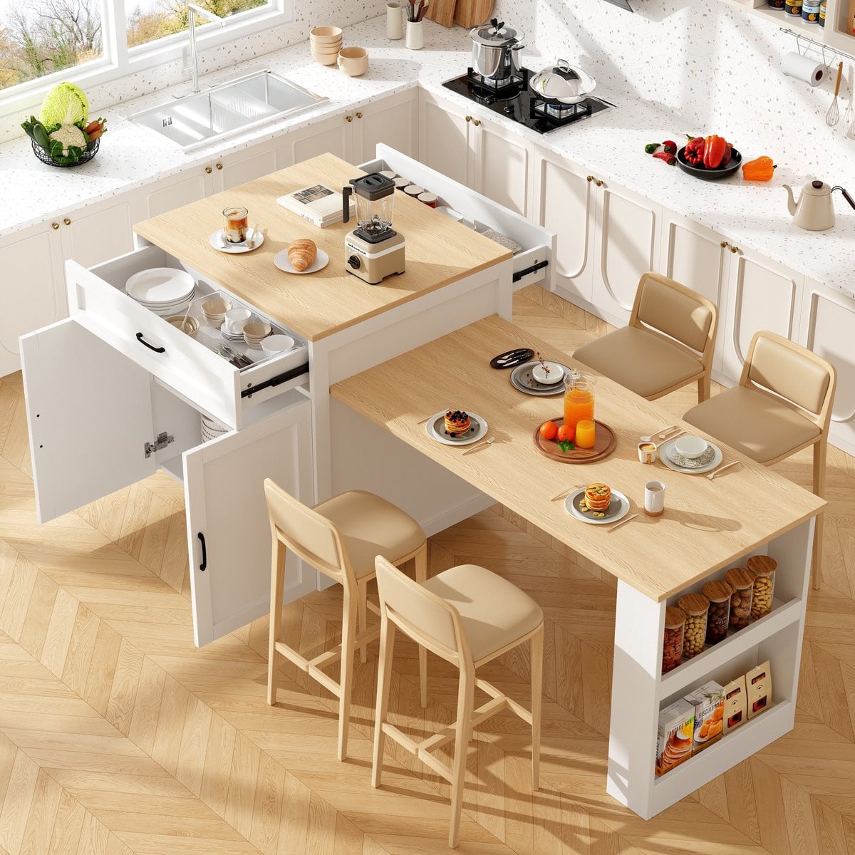 PHOEBE CAT Uitschuifbare Eettafel met 2 lades en opbergruimte, Marmerlook, Natuurlijk + Wit