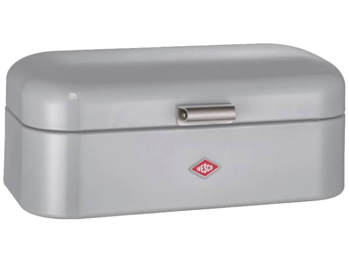 Brotkasten WESCO Grandy - Brotdose , grau, B:25,5cm H:16,5cm L:41cm, Stahlblech, Lebensmittelaufbewahrungsbehälter, Brotkasten, Lüftungslöcher auf der Rückseite, Metallschaniere