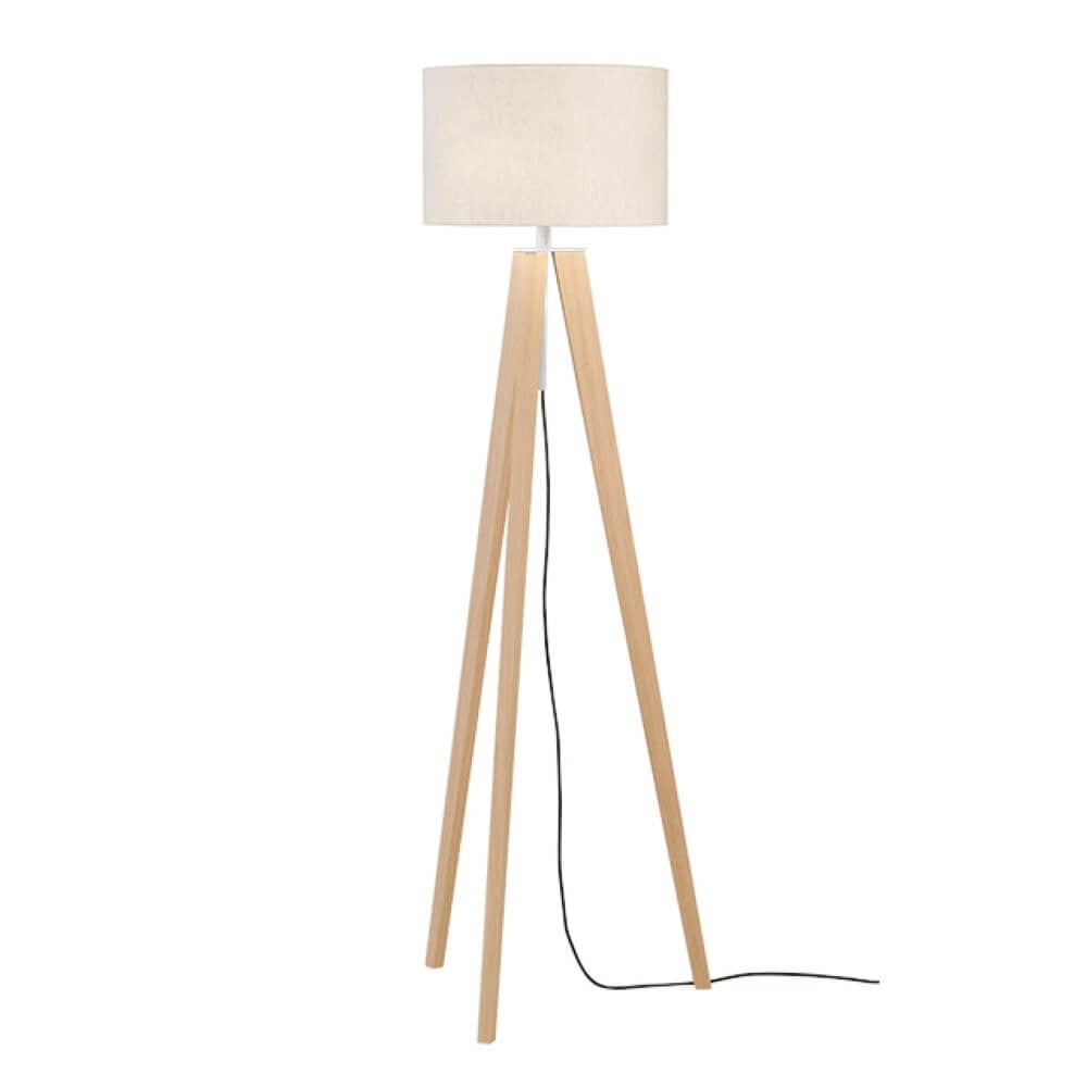 Fischer & Honsel Tripod Shine-Wood vloerlamp met beige kap en houten poten