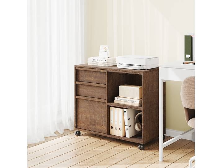 Armoire de classement à 3 tiroirs avec étagères ouvertes, armoire de classement latérale roulante pour dossiers Letter/A4, support d'imprimante mobile avec roulettes, armoire de rangement de bureau en