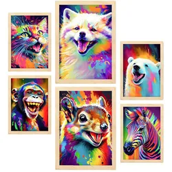 POSTER Set Mit 6 Säugetiere Im Hochformat Lebhafte Aquarell Stil Illustrationen Von Lächelnde Tiere Innenarchitektur A3 & A4 Rahmen Aus Hellem Holz