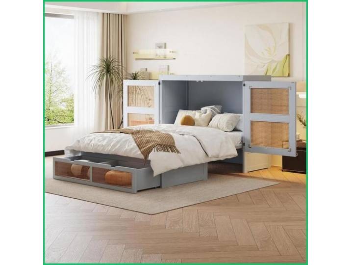 Lit Murphy 140x200 cm - Espace-saving avec Design en Rotin & Rangement - Gris