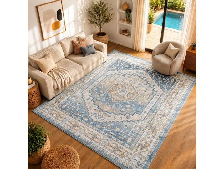 LIVABLISS Tapis Lavable Machine Vintage Oriental JENNIFER 160x213cm Bleu/Gris