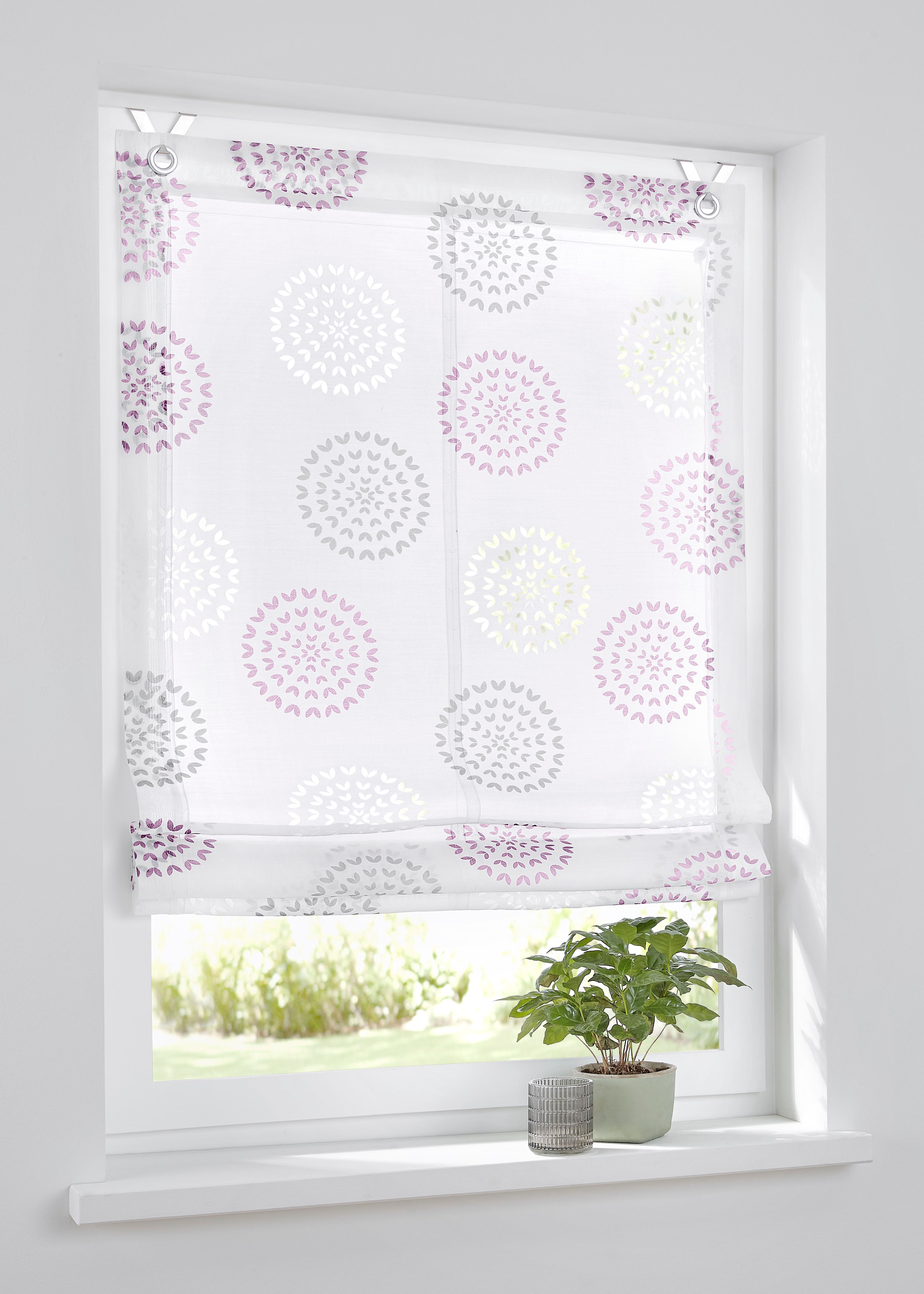 Raffrollo KUTTI "Bella" Gr. 3, rosa (grau, rosé, weiß), B:80cm H:140cm, Obermaterial: 65% Baumwolle, 35% Polyester, Raffrollos, Raffrollo, weiss, halbtransparent, Ausbrenner, bedruckt, mit Edelstahlhaken grau, rosé, weiß 140cm, einseitig verschiebbar, Hak